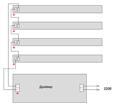 Схема подключения 4 модулей по 18 диодов