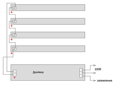 Схема подключения 4 модулей по 24 диода